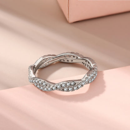 Women's S925 Silver White Gold Tone Pave Zircon Wave Ring, Luxury Stackable Ladies Fashion Ring