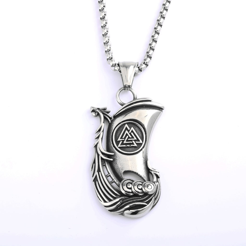 Men's Vintage Stainless Steel Single Sided Viking Sailboat Pendant Necklace