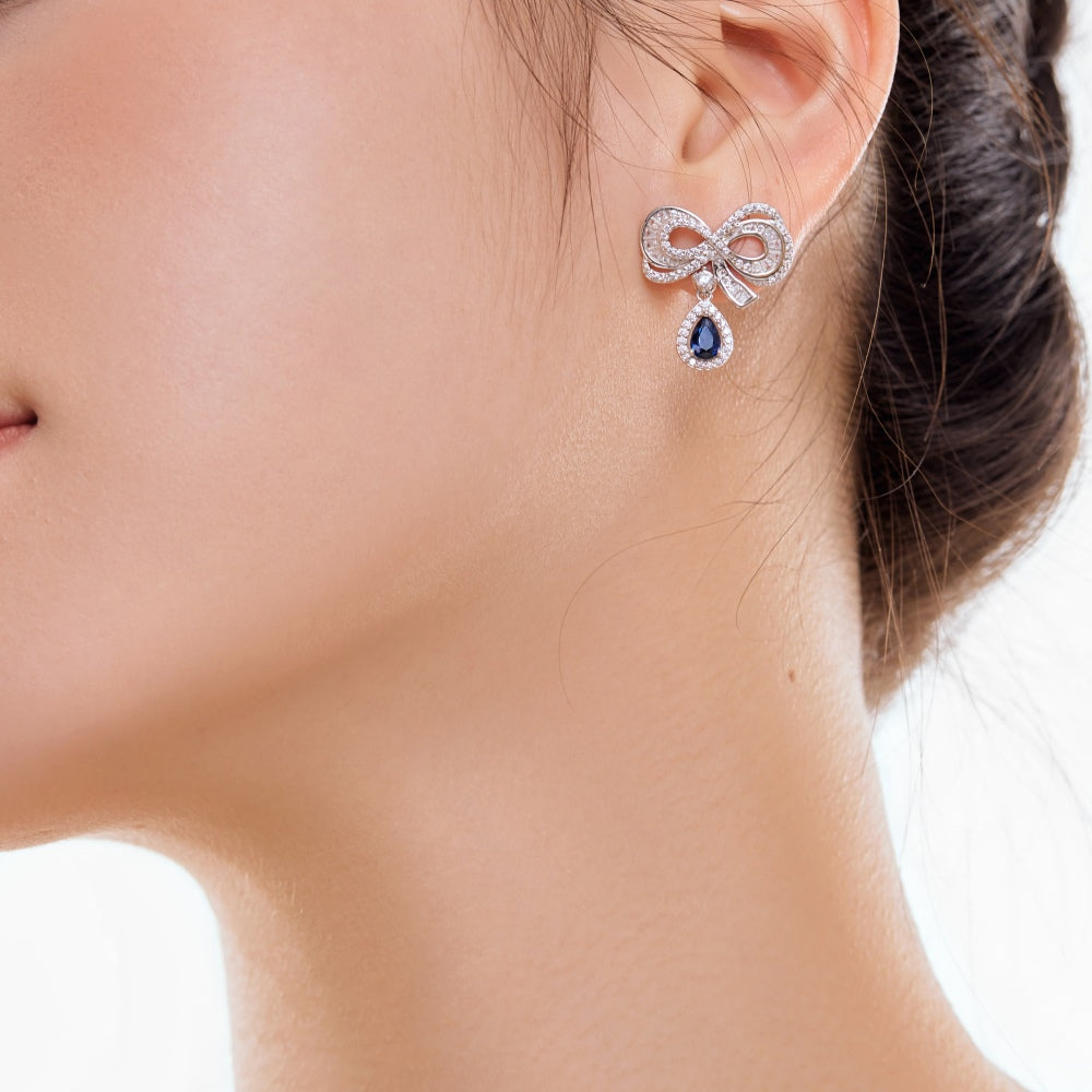 Women's Bow Drop Earrings, Blue Teardrop Stone with White Zirconia Halo, S925 with White Gold Plating