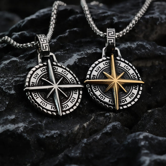 Vintage Stainless Steel Hexagram Compass Pendant Necklace for Men