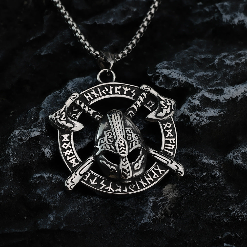 Vintage Stainless Steel Viking Helmet Rune Axe Round Pendant Necklace for Men