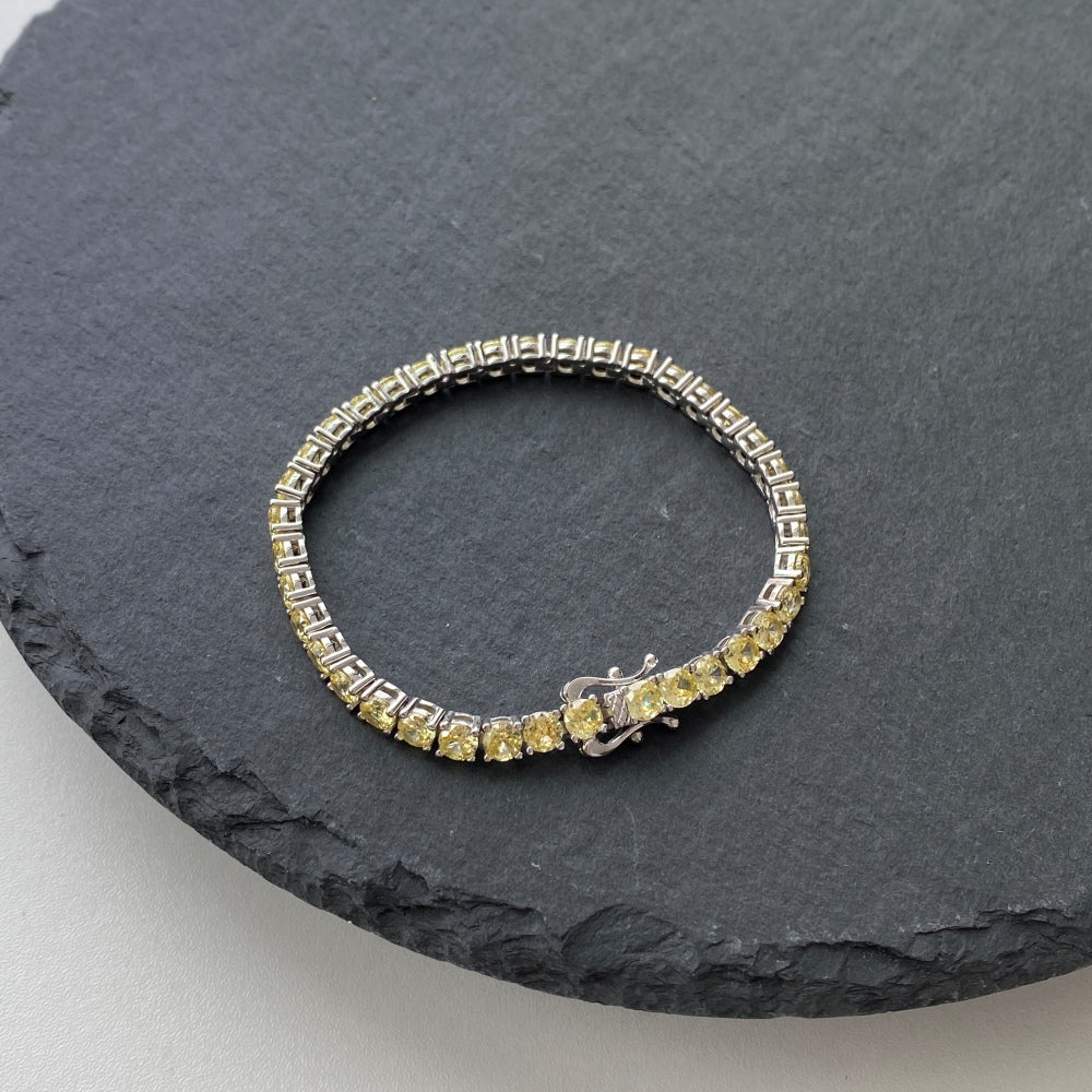 Women's High‑End Fashion Tennis Bracelet, Round Yellow Sapphire Paved Inlay, S925 with White Gold Plating