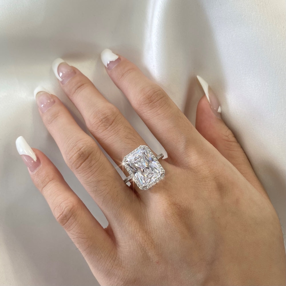 Women's S925 Silver White Gold Tone Square Zircon Halo Ring, Luxury Engagement Style Ladies Fashion Ring
