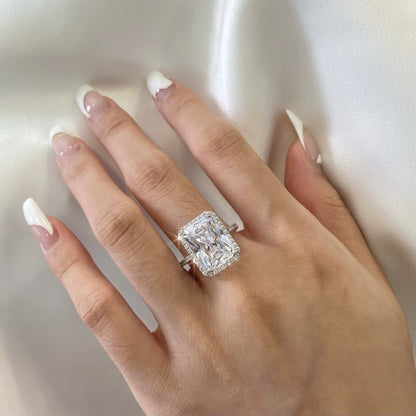Women's S925 Silver White Gold Tone Square Zircon Halo Ring, Luxury Engagement Style Ladies Fashion Ring