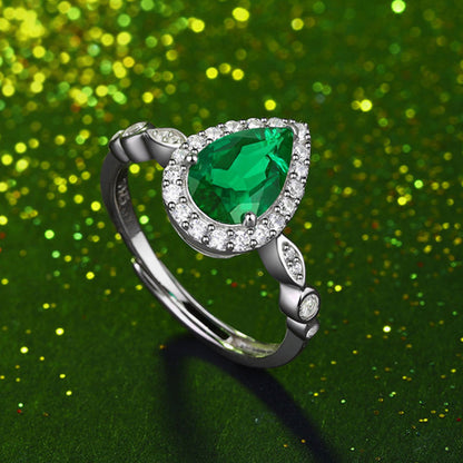 Women's White Gold Drip Shape Emerald Halo Adjustable Ring
