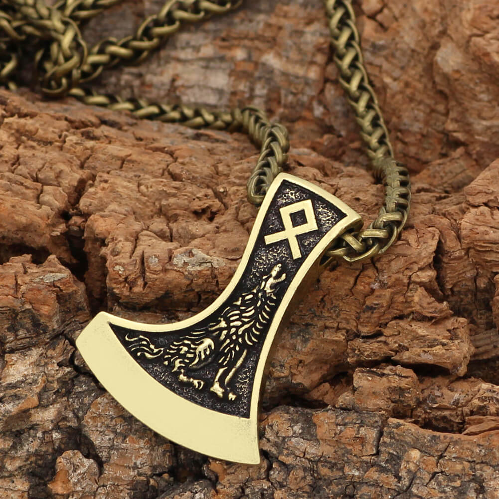 Men's Steel Viking Axe Wolf Rune Pendant Necklace Nordic Retro Jewelry