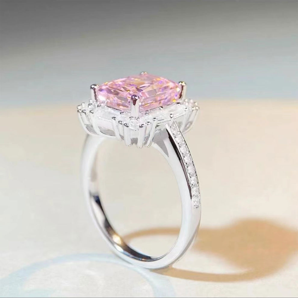 Women's White Gold Rectangle Pink Gem Adjustable Halo Ring