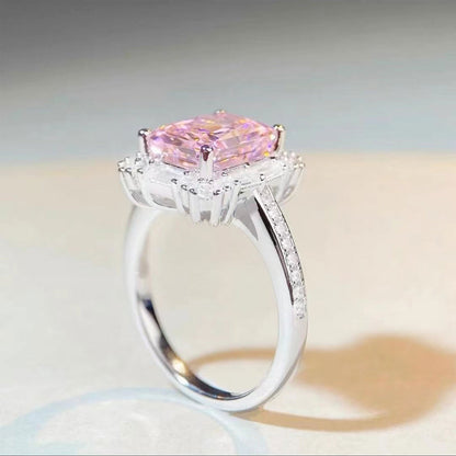 Women's White Gold Rectangle Pink Gem Adjustable Halo Ring