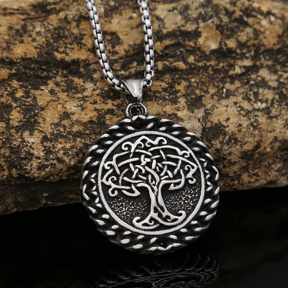 Men's Steel Vintage Viking Tree of Life Round Pendant Necklace