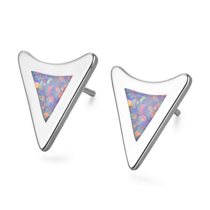 Women's Irregular Triangle Blue & White Opal Bezel Stud Earrings, White Gold Plating