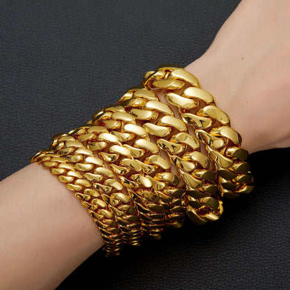 Men’s Gold Stainless Steel Thin Cuban Link Bracelet, Flip Clasp with Rhinestones Fashion Hip Hop Wrist Jewelry