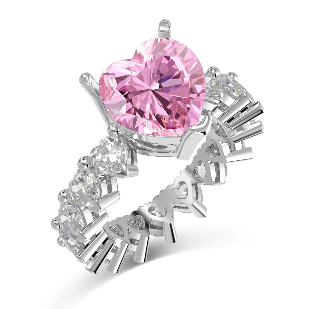 Women's Pink Heart Ice Flower Cut Zirconia Center Stone Inlaid Clear Heart Zirconia Paved Wedding Ring, S925 with White Gold Plating