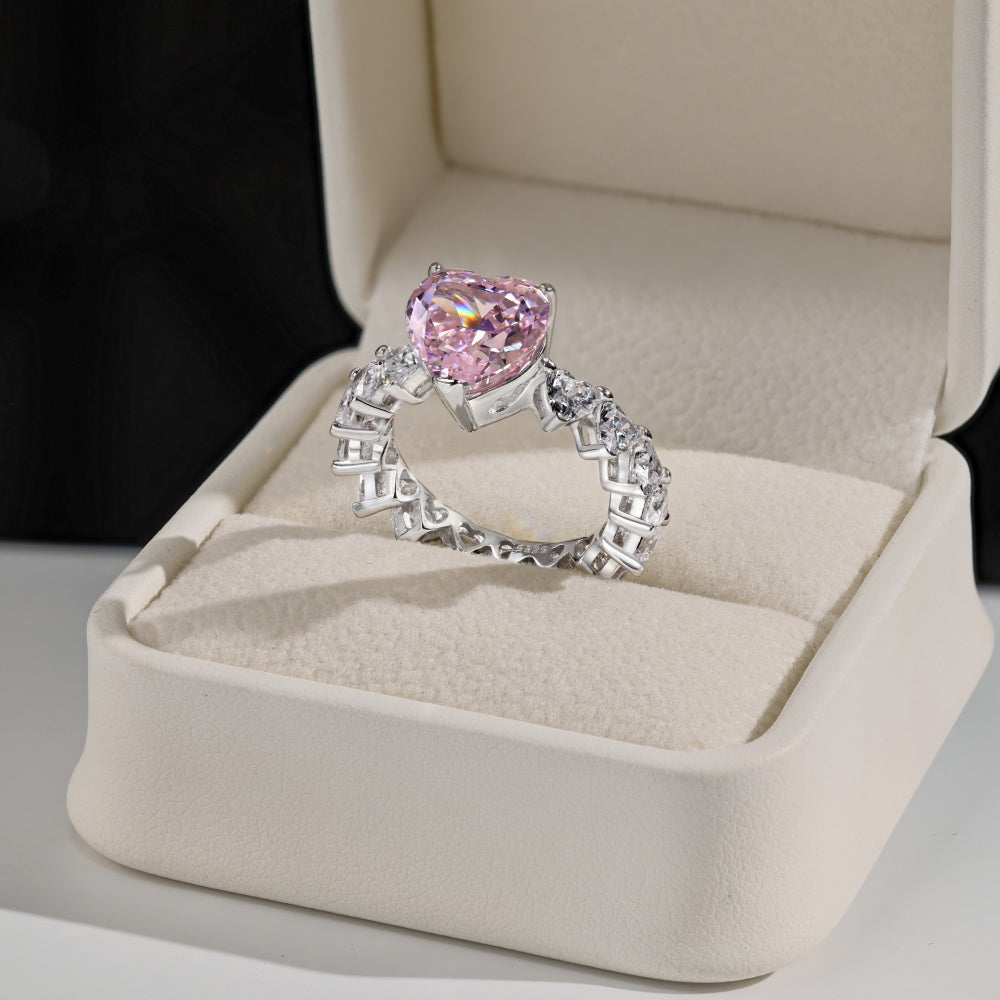 Women's Pink Heart Ice Flower Cut Zirconia Center Stone Inlaid Clear Heart Zirconia Paved Wedding Ring, S925 with White Gold Plating