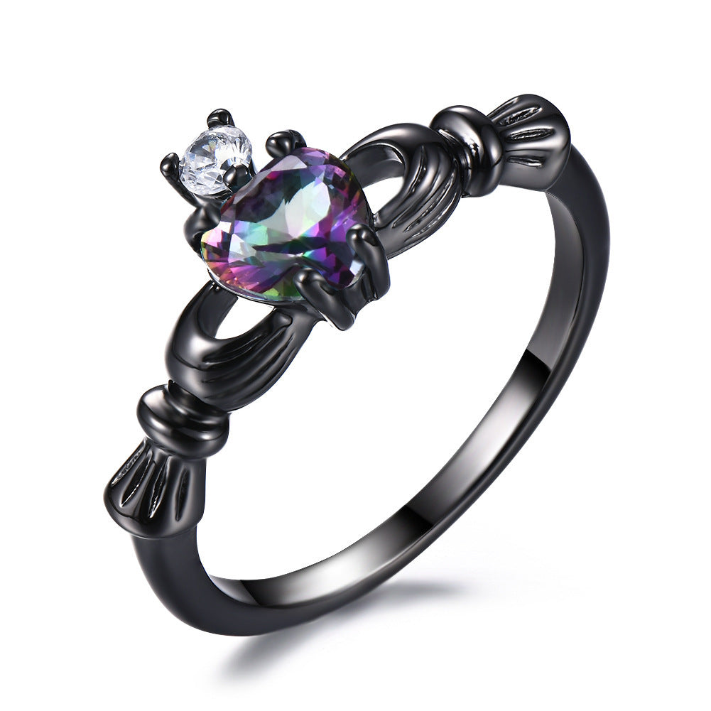 Women's Black Plated Heart Shape Multi Opal With Zirconia ring