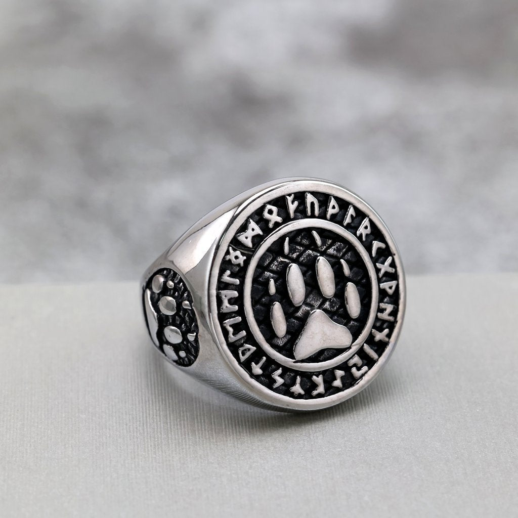 Vintage Stainless Steel Viking Rune Bear Paw Round Signet Ring for Men