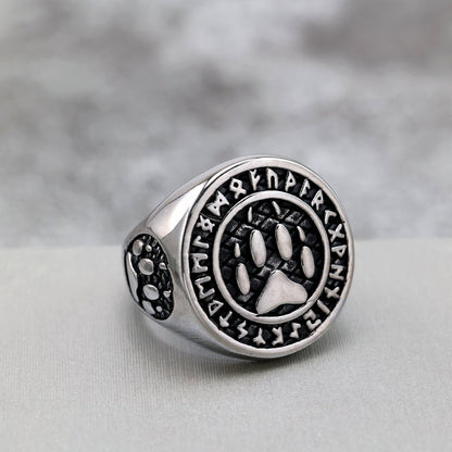 Vintage Stainless Steel Viking Rune Bear Paw Round Signet Ring for Men