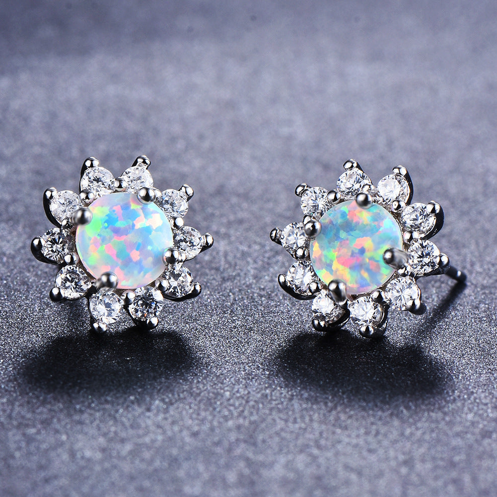 Women's Sunflower‑Shape Stud Earrings, Blue Opal / White Opal Center Stone Surrounded With Zirconia