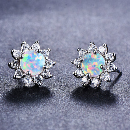 Women's Sunflower‑Shape Stud Earrings, Blue Opal / White Opal Center Stone Surrounded With Zirconia