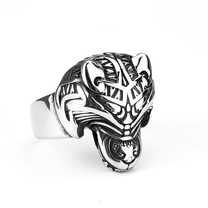 Vintage Solid Stainless Steel 3D Norse Viking Wolf Head Totem Wide Band Ring for Men