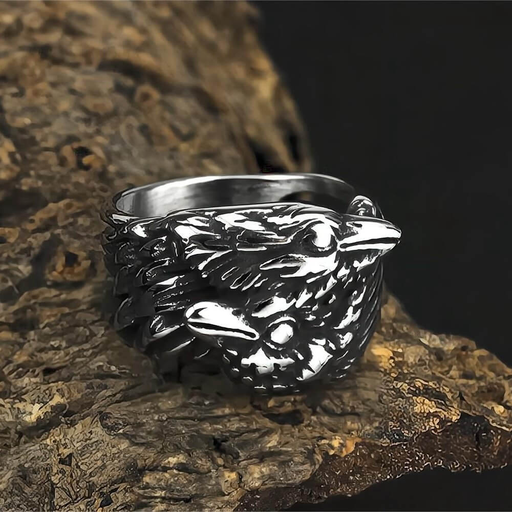 Vintage Solid Stainless Steel Norse Viking Double Raven Totem Band Ring for Men