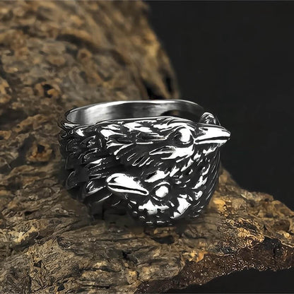 Vintage Solid Stainless Steel Norse Viking Double Raven Totem Band Ring for Men