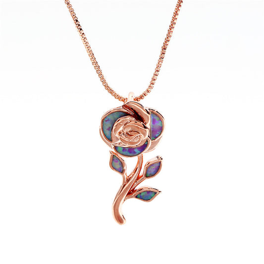 Fashion Rose Gold Purple Opal Large Rose Flower Pendant Necklace