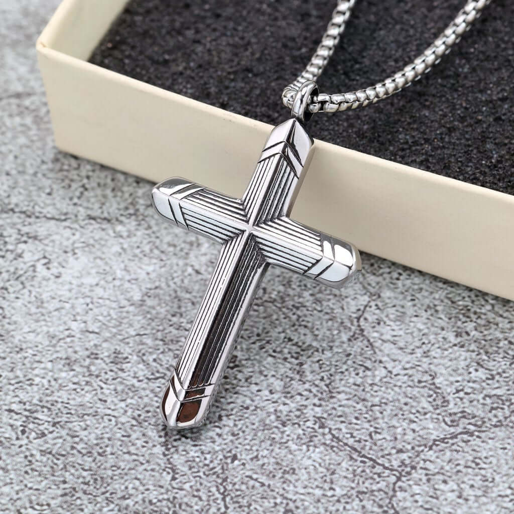 Vintage Stainless Steel Cross Striped Pendant Necklace for Men