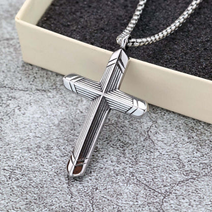 Vintage Stainless Steel Cross Striped Pendant Necklace for Men
