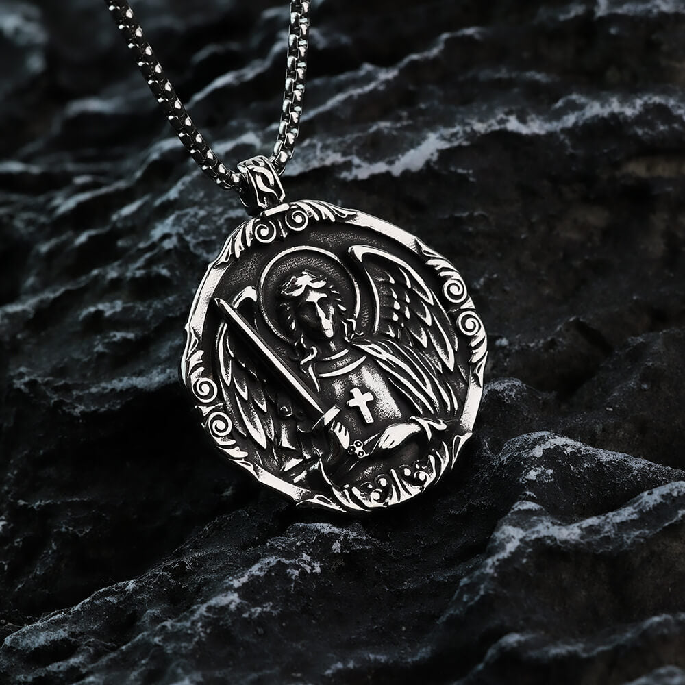 Men's Steel Vintage Archangel St Michael Double Sided Round Pendant Necklace