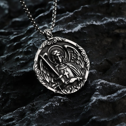 Men's Steel Vintage Archangel St Michael Double Sided Round Pendant Necklace
