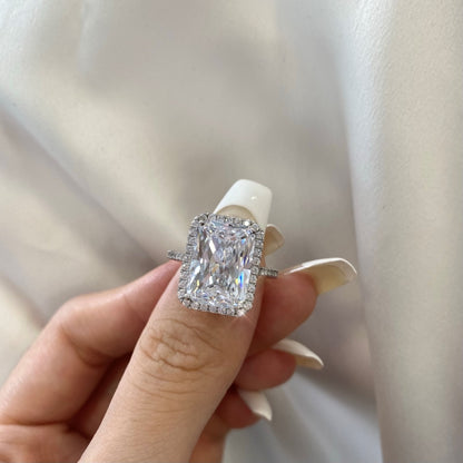 Women's S925 Silver White Gold Tone Square Zircon Halo Ring, Luxury Engagement Style Ladies Fashion Ring