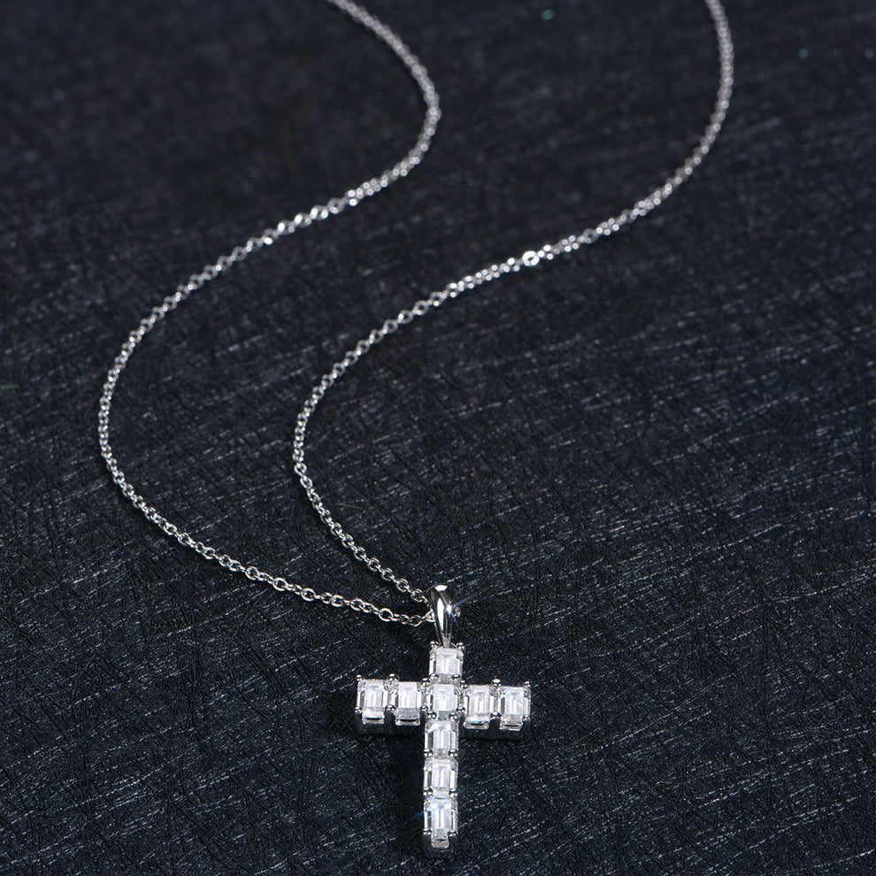 Women's Sterling Silver Emerald Cut Moissanite Tennis Cross Pendant