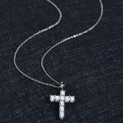 Women's Sterling Silver Emerald Cut Moissanite Tennis Cross Pendant