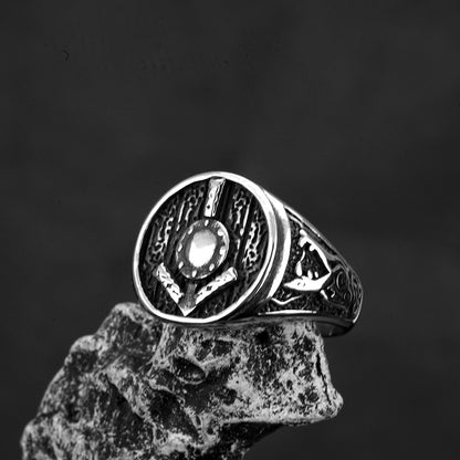 Vintage Solid Stainless Steel Hip Hop Shield Symbol Band Ring for Men