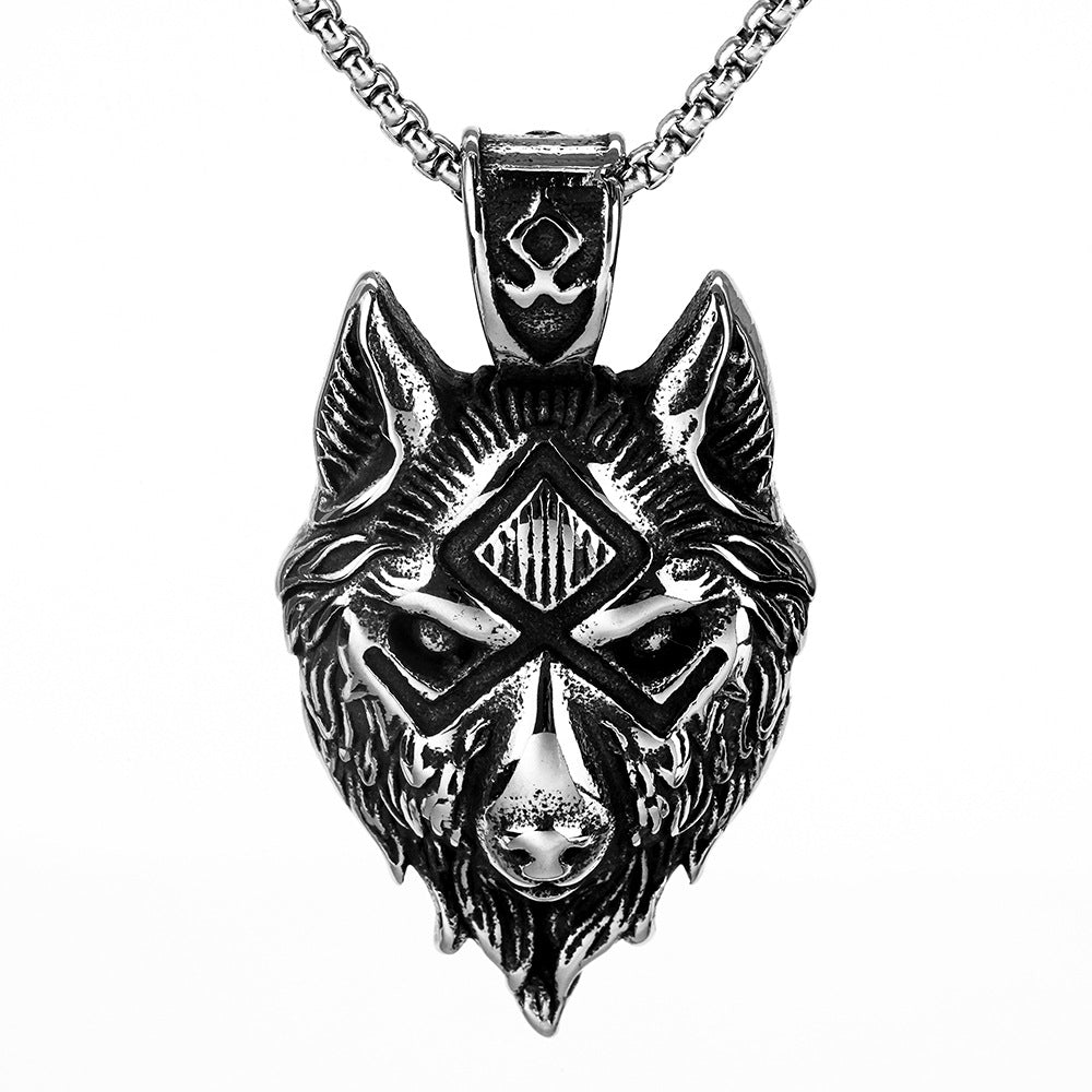Vintage Stainless Steel Men's Viking Wolf Head Symbol Pendant Necklace