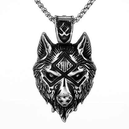 Vintage Stainless Steel Men's Viking Wolf Head Symbol Pendant Necklace