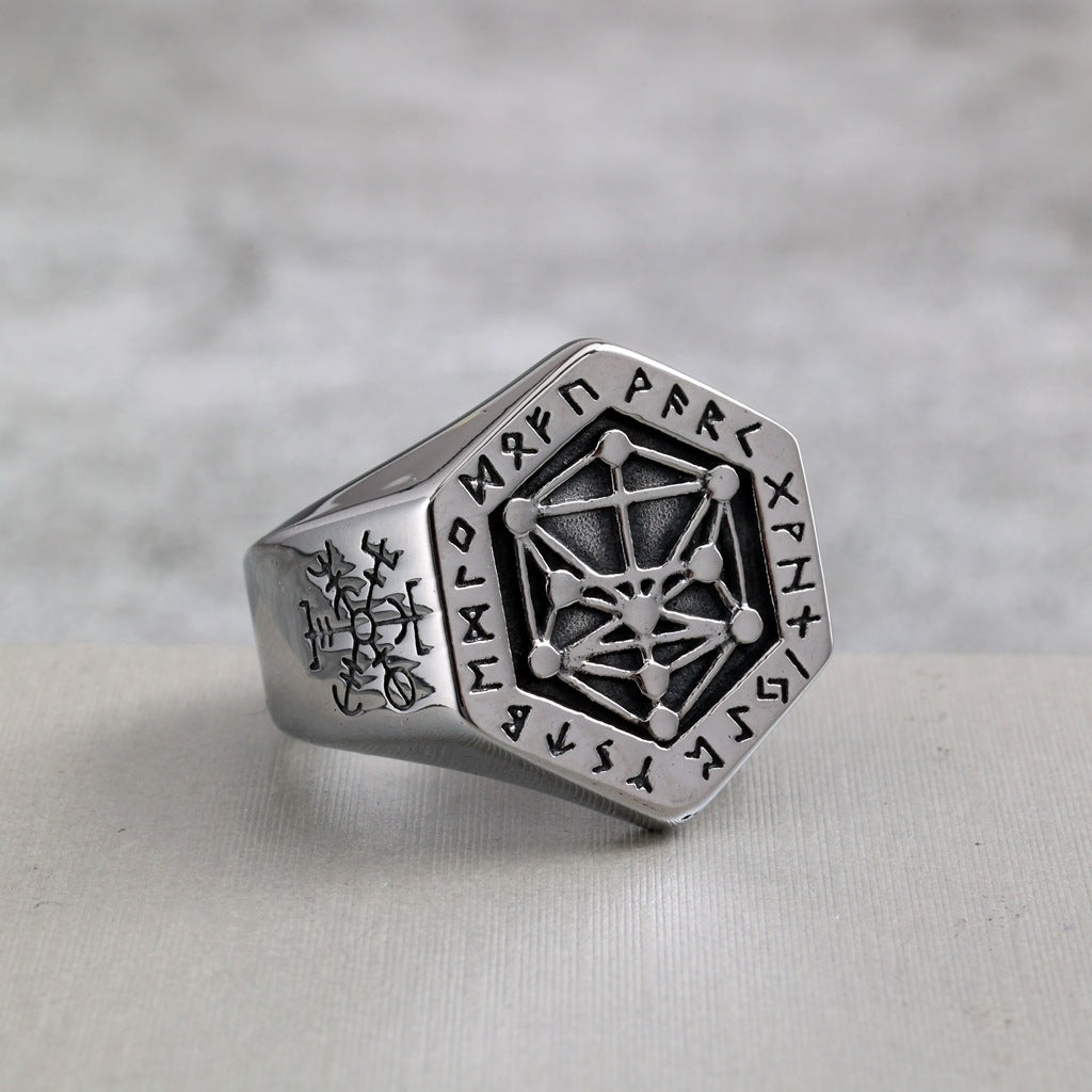 Vintage Nordic Solid Stainless Steel Viking Rune Vegvisir Compass Ring for Men