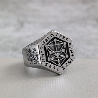 Vintage Nordic Solid Stainless Steel Viking Rune Vegvisir Compass Ring for Men