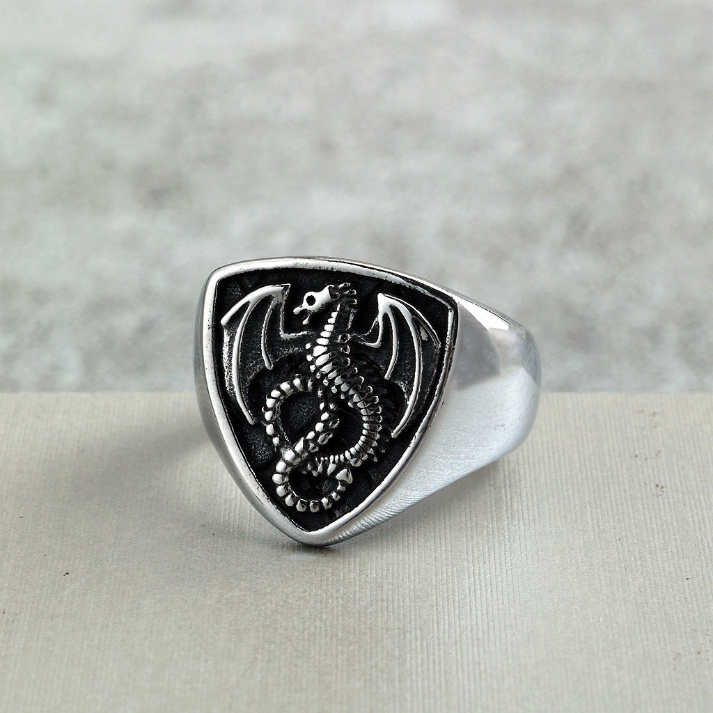 Vintage Solid Stainless Steel Shield Dragon Signet Ring for Men