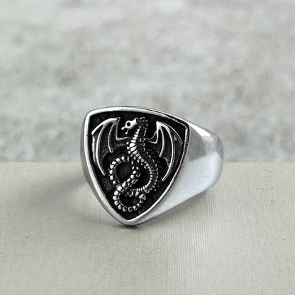 Vintage Solid Stainless Steel Shield Dragon Signet Ring for Men