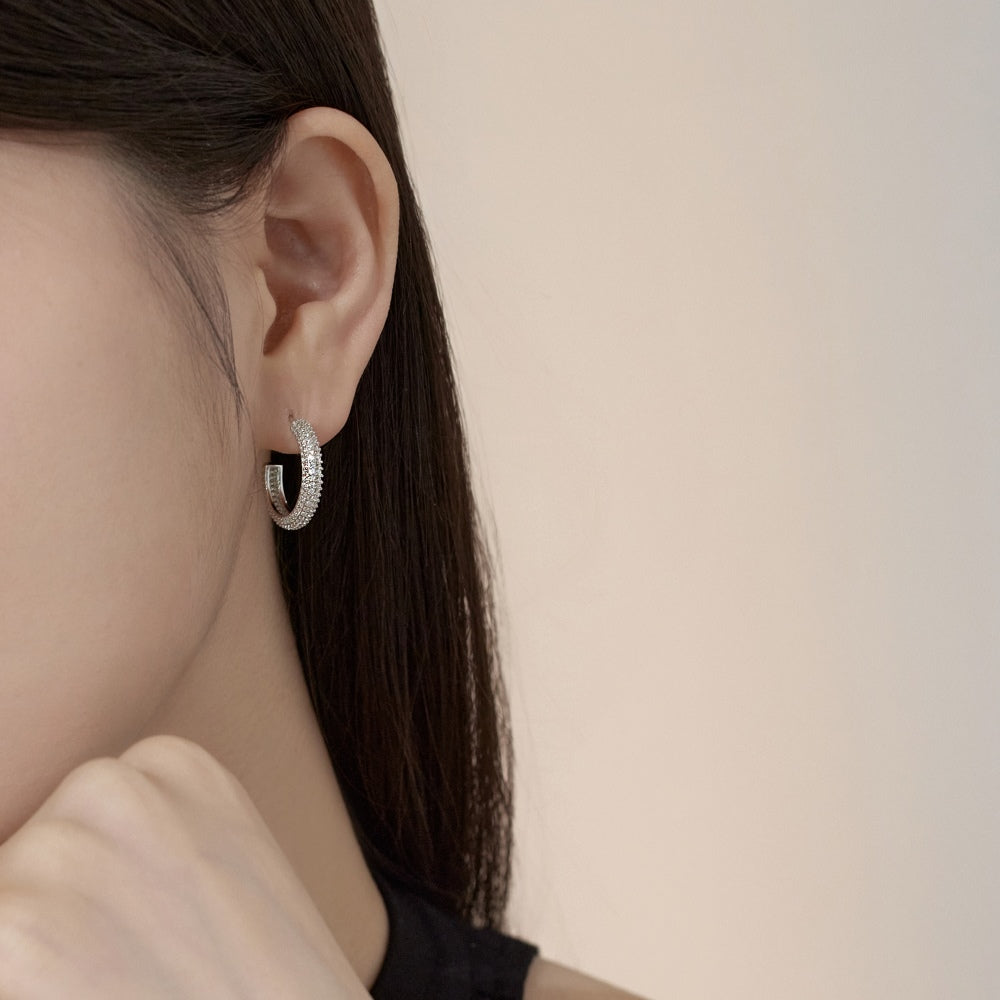 Women's Delicate 15 mm Round Huggie Earrings, Full Paved Round Zirconia, S925 with White Gold Plating