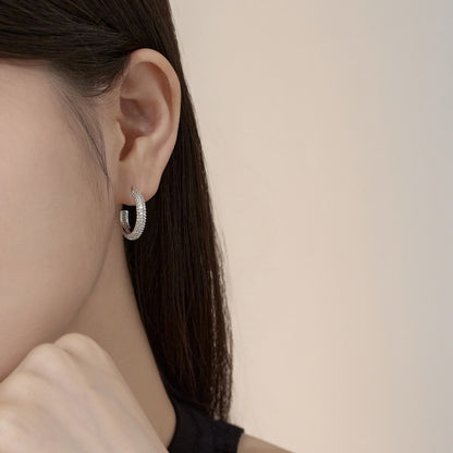 Women's Delicate 15 mm Round Huggie Earrings, Full Paved Round Zirconia, S925 with White Gold Plating