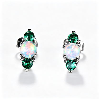 Women's Stud Earrings, White Opal With Wine‑Red Gemstone / White Opal With Emerald Gemstone