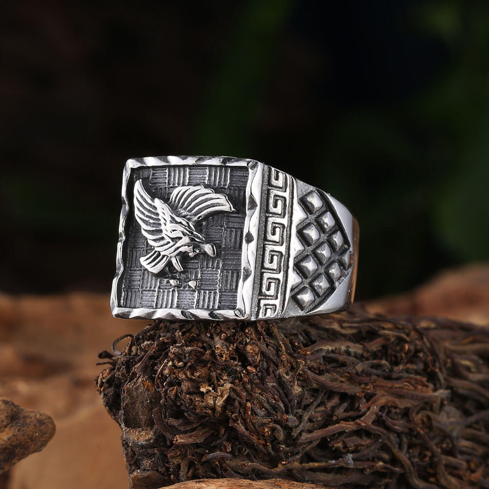 Vintage Solid Stainless Steel Eagle Embossed Square Signet Ring for Men