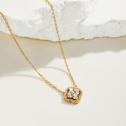 Women's Clover Flower Pendant Necklace, Inlaid Round Zirconia, S925 with 18K Gold Tone Plating