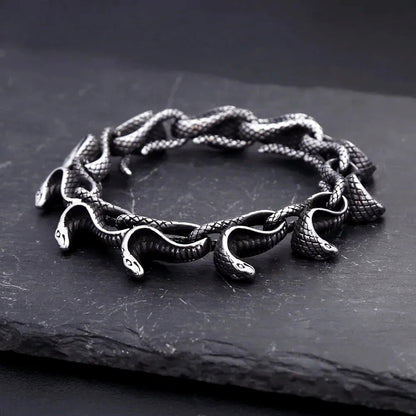Men's Vintage 3D Snake Head Link Stainless Steel Open Cuff Bracelet, Antique Distressed Gothic Punk Hip‑Hop Fashion Jewelry Accessory