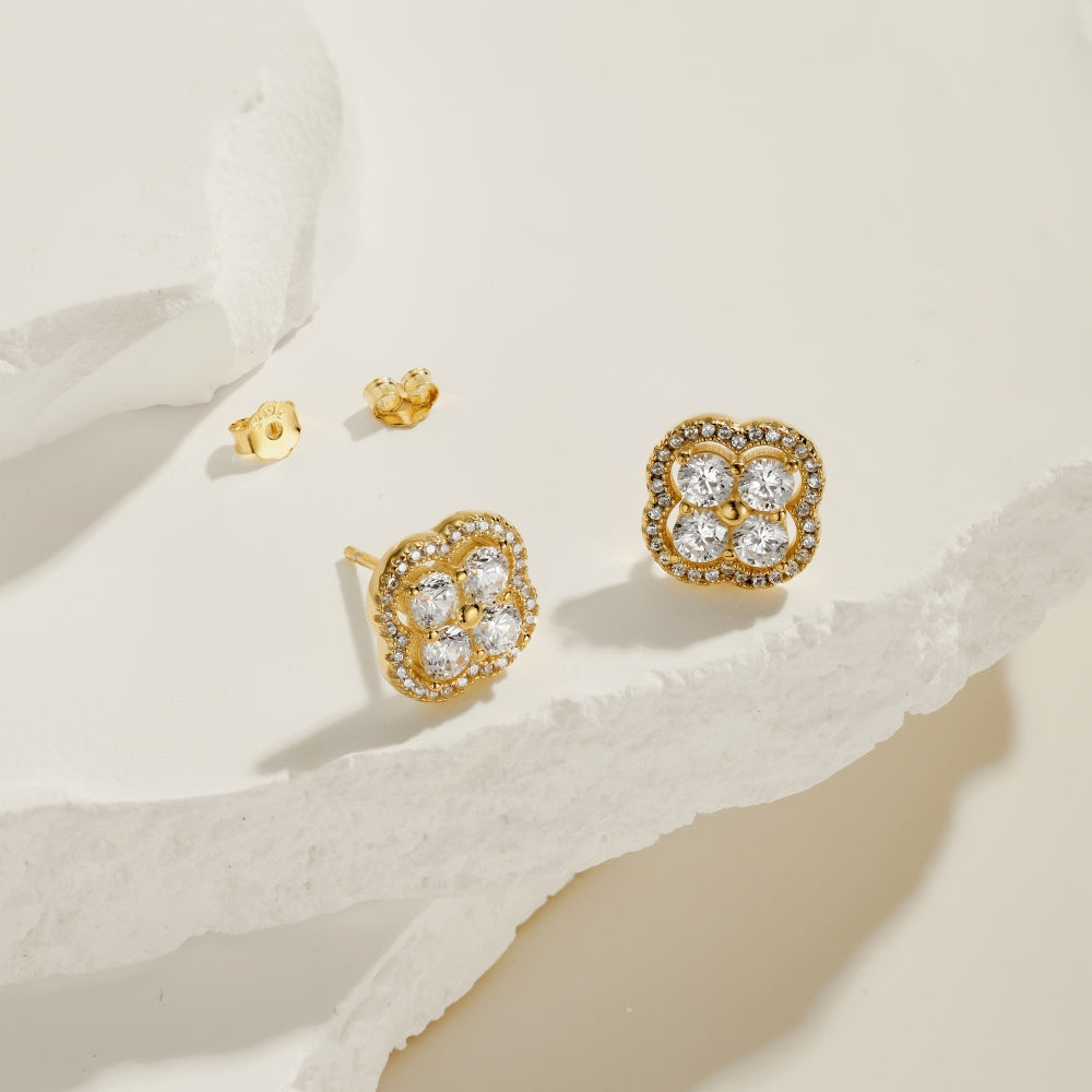 Women's Clover Halo Stud Earrings, Round Clear Zirconia, S925 with 18K Gold Plating