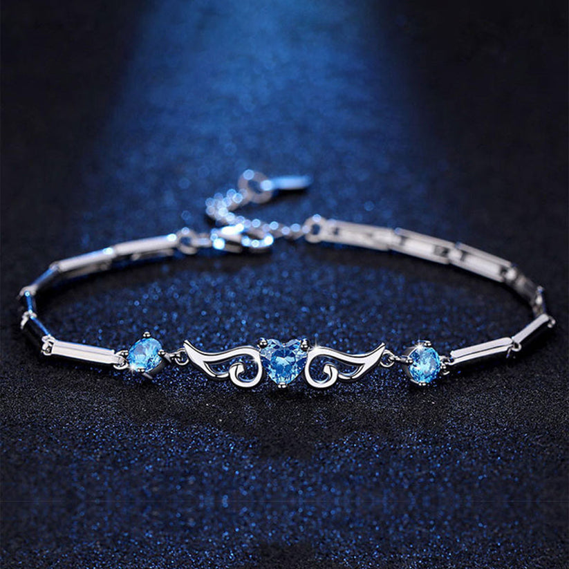 Women's White Gold Angel Wings Heart Shape Blue Sapphire Bracelet