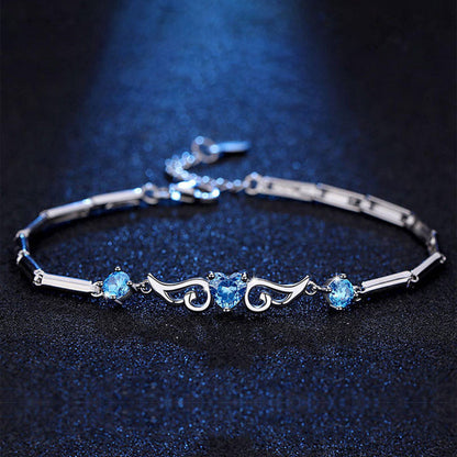 Women's White Gold Angel Wings Heart Shape Blue Sapphire Bracelet