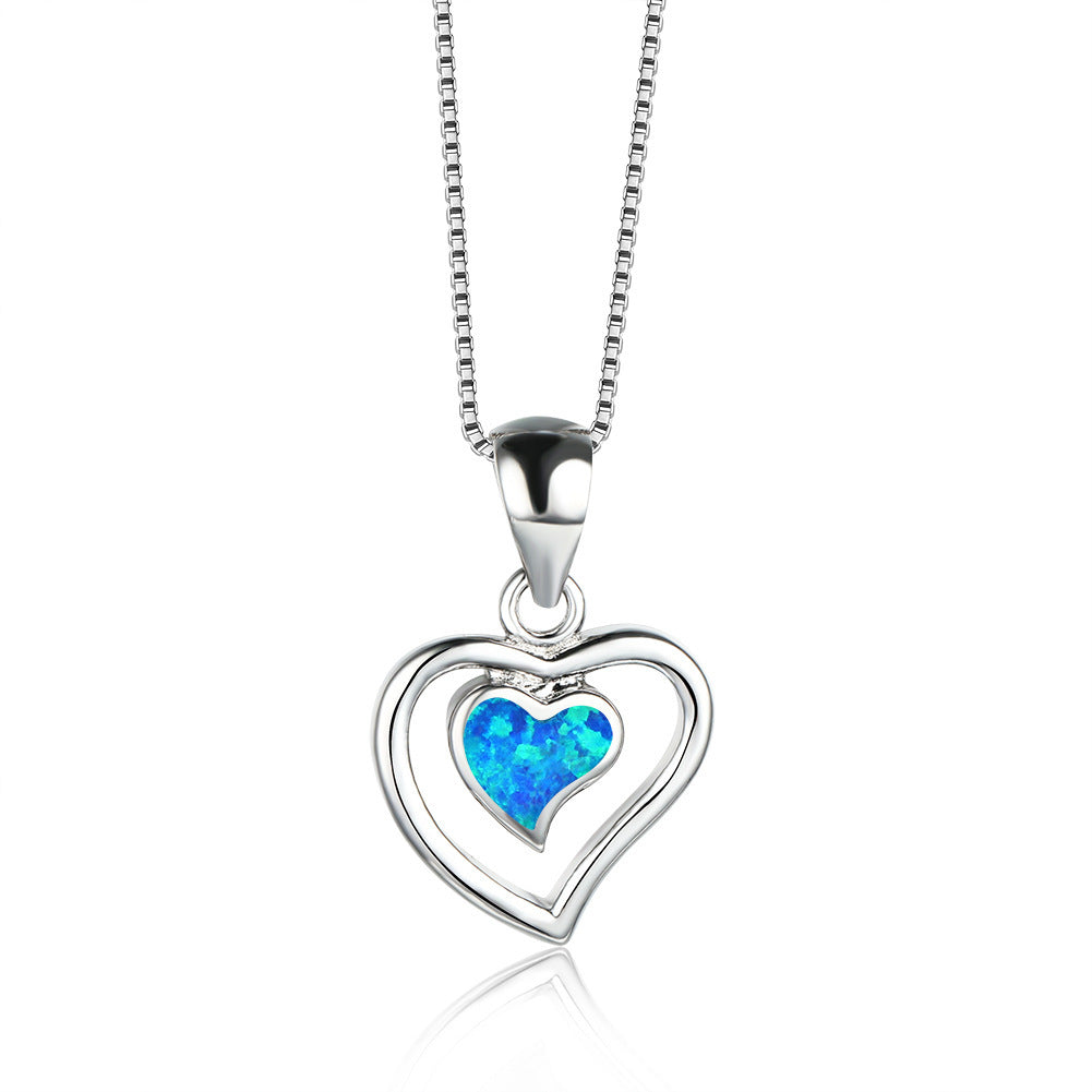 Double Heart Blue Opal Necklace
